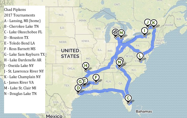 Chad Pipkens 2017 Bass Tournaments Mapped Out