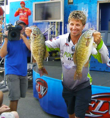 Chad Pipkens shows off 2 big Lake Erie smallmouth bass during the 2012 Bassmaster Northern Open