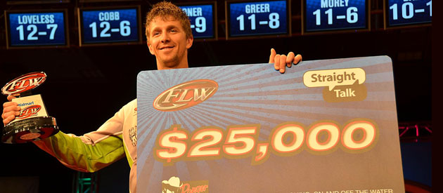 Chad Pipkens with his FLW Tour Beaver Lake Victory Trophy and Check