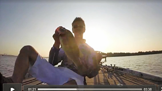 A fist pump from Chad Pipkens for his first good Delaware River bass early on day 1 of the Bassmaster Elite Series tournament August 7, 2014. Taken from a GoPro video screenshot.