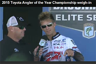 Elite Angler Chad Pipkens talks with Bassmaster emcee Dave Mercer on stage during day 2 of the Toyota Bassmaster AOY Championship tournament. Pip is in 3rd place and 29th place in AOY points!