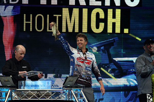 Chad Pipkens shows off a Grand Lake Classic bass during the 2016 Bassmaster Classic weigh in!