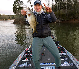 Chad Pipkens with a Chickamauga Lake bass during the 2022 Bassmaster Elite Series event.