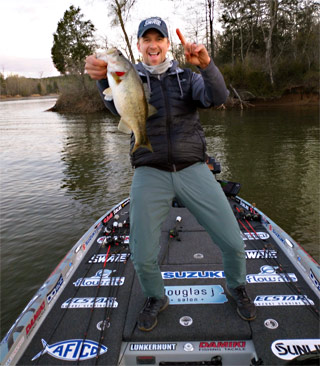 Chad Pipkens with a Chickamauga Lake bass during the 2022 Bassmaster Elite Series event.