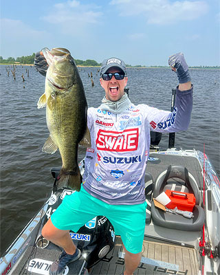 Chad Pipkens with a Lake Fork giant 8 lbs 11 oz largemouth bass caught during the 2022 Bassmaster Elite Series tournament.