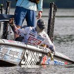 Chad Pipkens boats a Pickwick Lake bass during the 2022 Bassmaster Elite Series tournament.